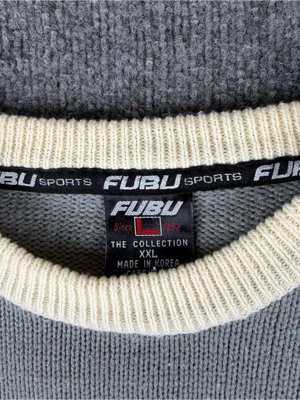 Vintage FUBU Christmas Knit Sweater Mens XXL Cream Grey Streetwear Retro Hip Hop